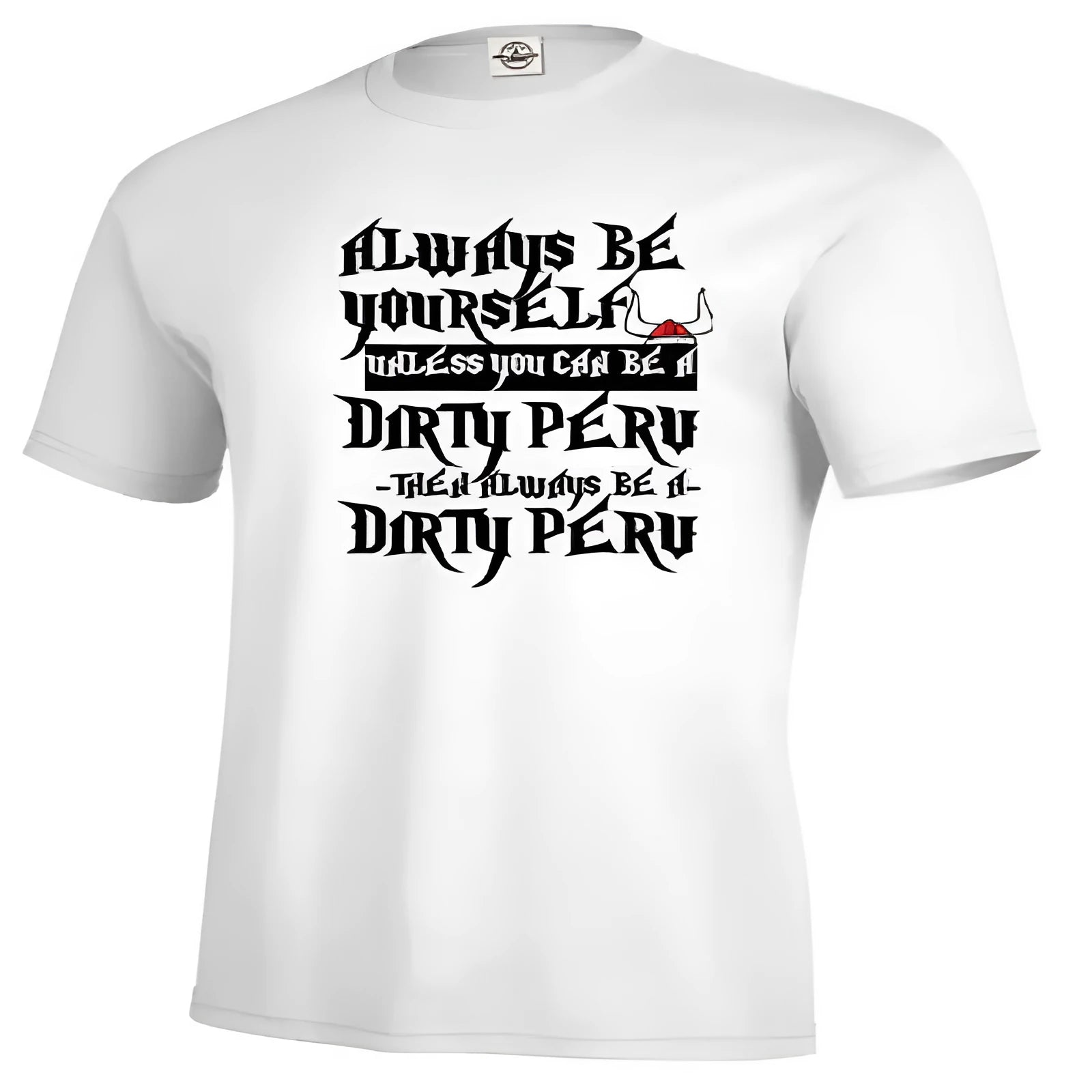 Men's solid white short sleeve T-shirt laid flat, showing straight cut and printed design.