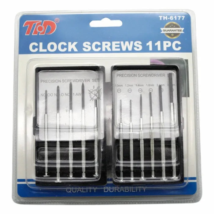 TH-6177 11 piece clock screwdriver set with cross and slotted heads on a workbench