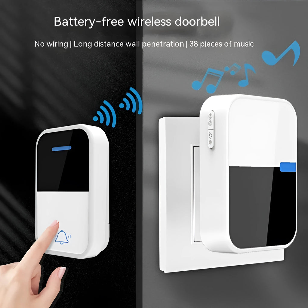 White plastic wireless doorbell with receiver unit showing modern design and compact dimensions