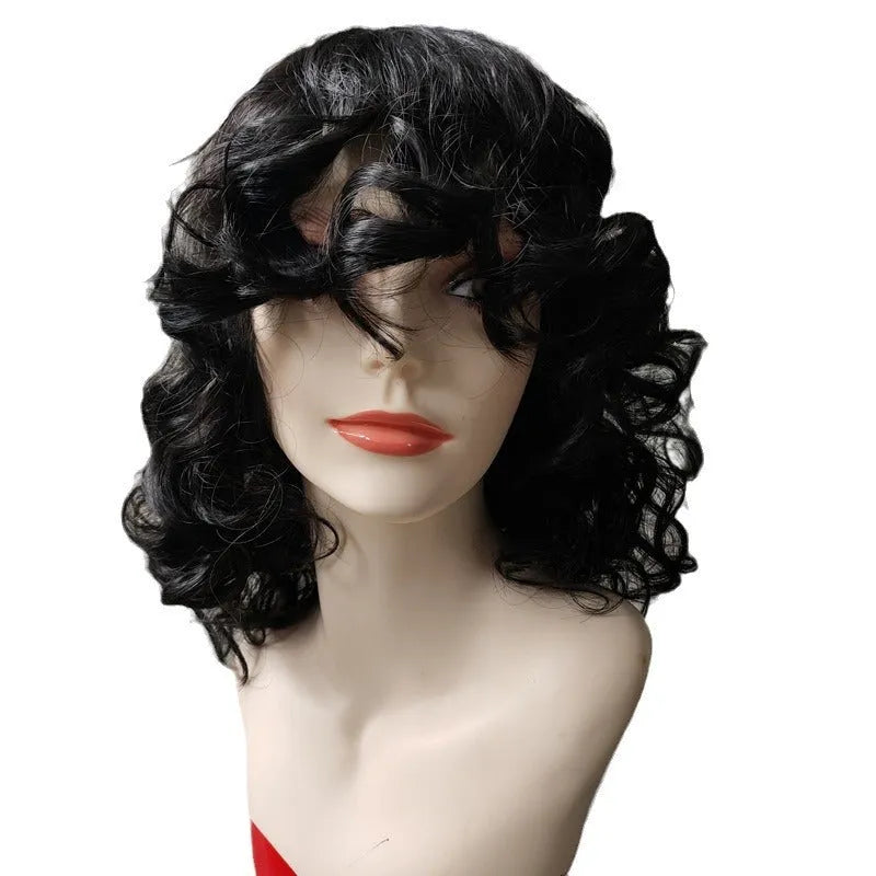 Black short Afro synthetic wig with long curly hair, shown on a model.