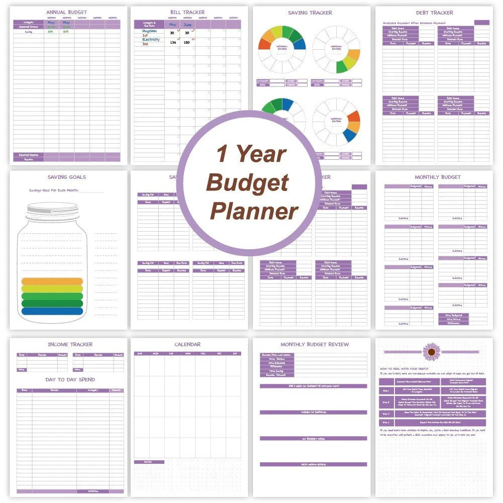Purple coil-bound financial planning notebook with budgeting stickers and pen on Daolin paper