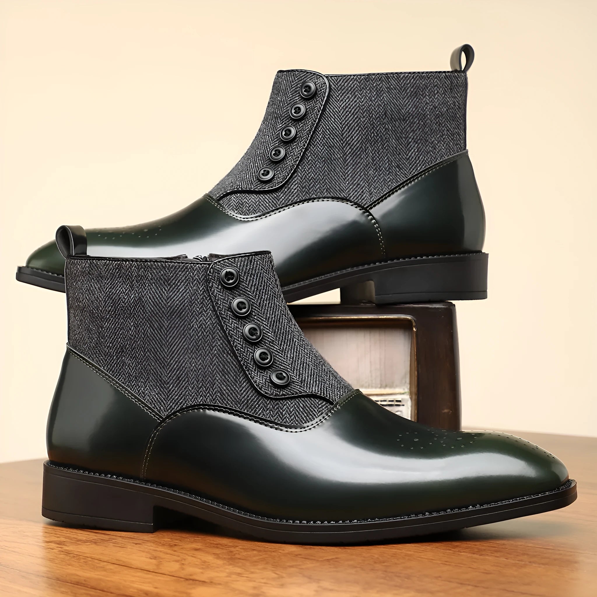 British retro men's leather shoes with side zipper in brown and green colours