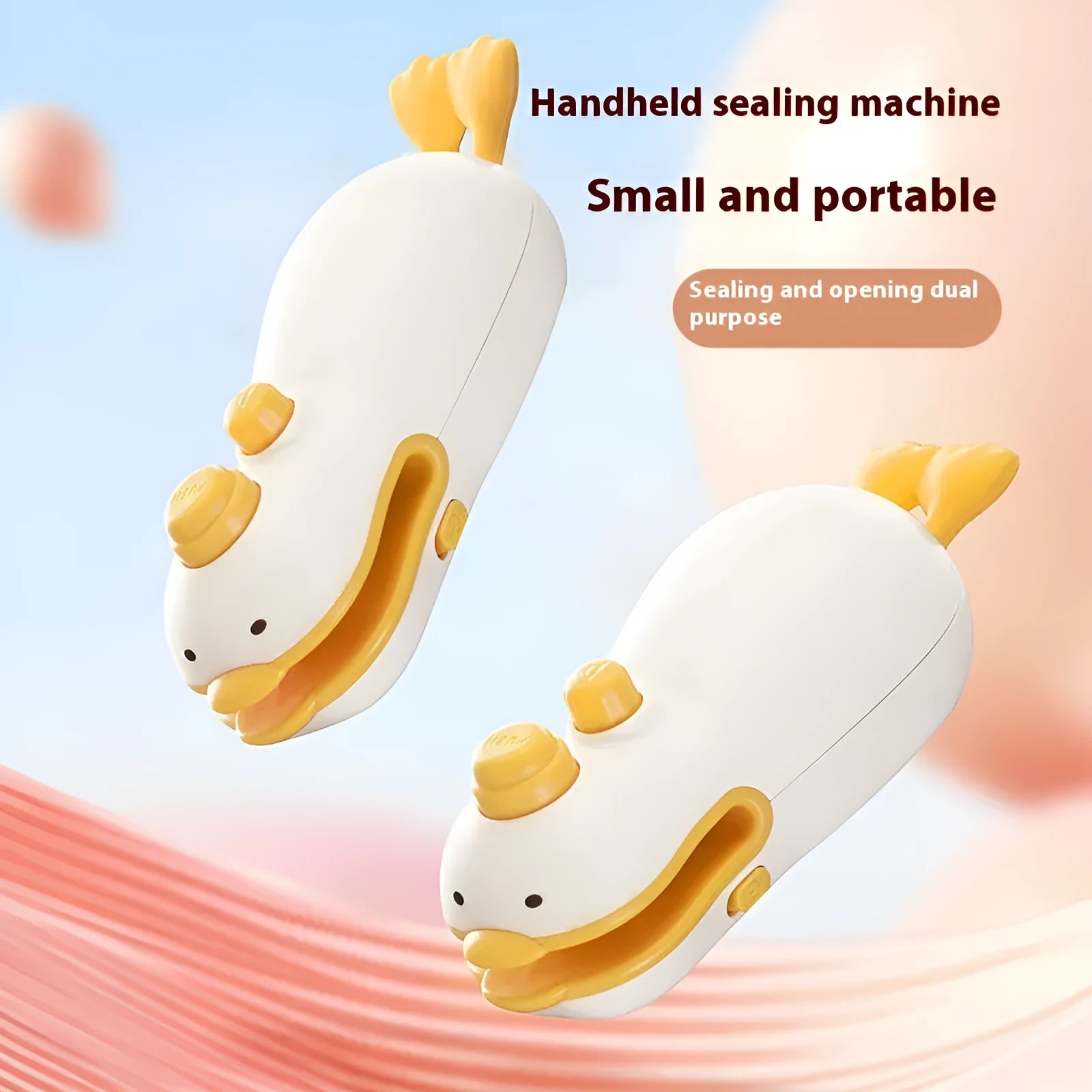 Small yellow duck animal jacquard style rechargeable handheld plastic bag sealing machine with charging cable.