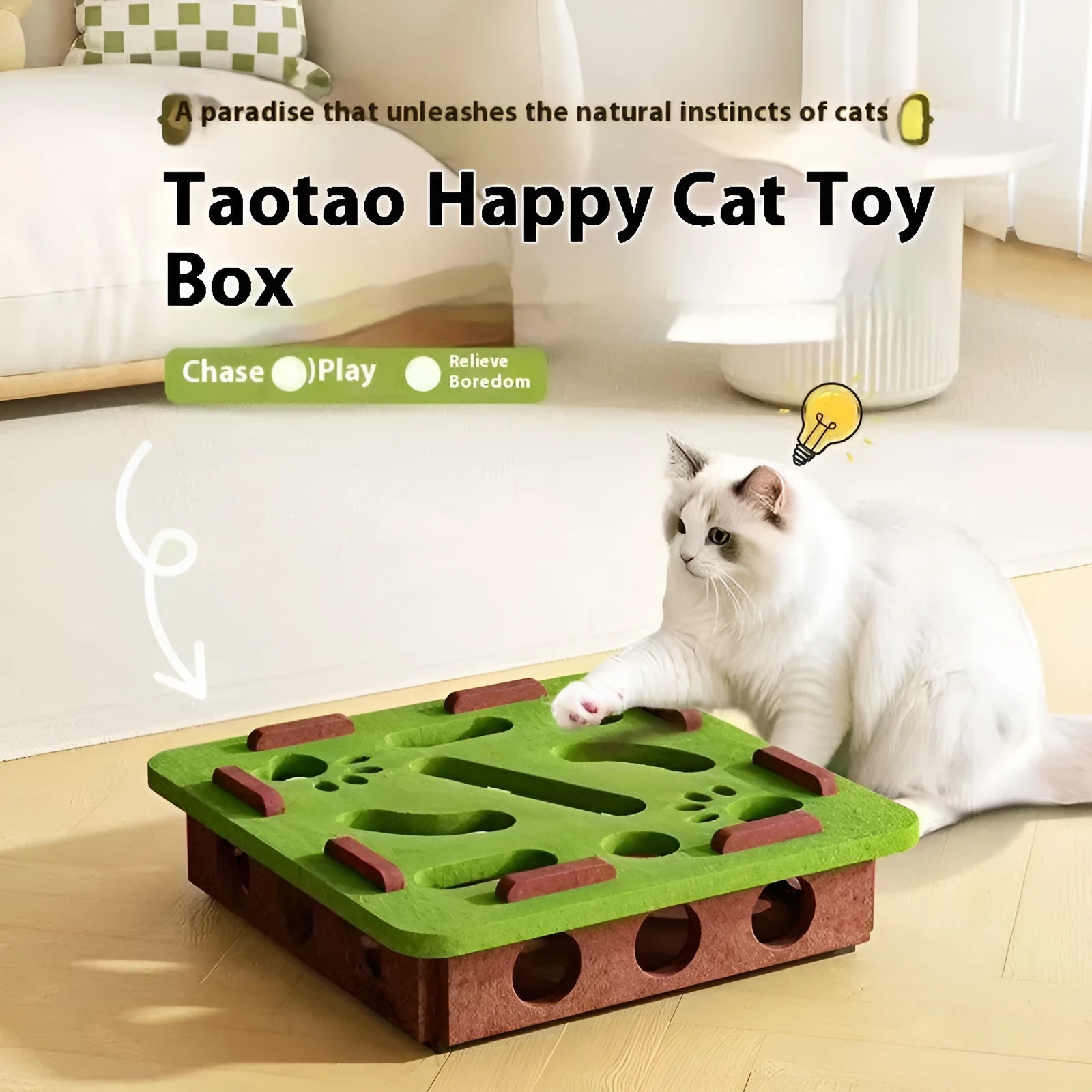 Green brown felt rectangular cat toy box with a circular hole and interior stuffing for play and scratching.