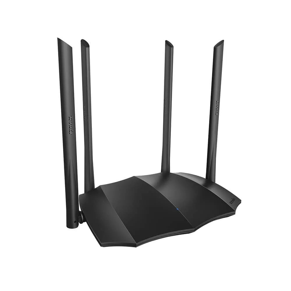 Dual-band wireless router with multiple antennas and Gigabit Ethernet ports on rear panel