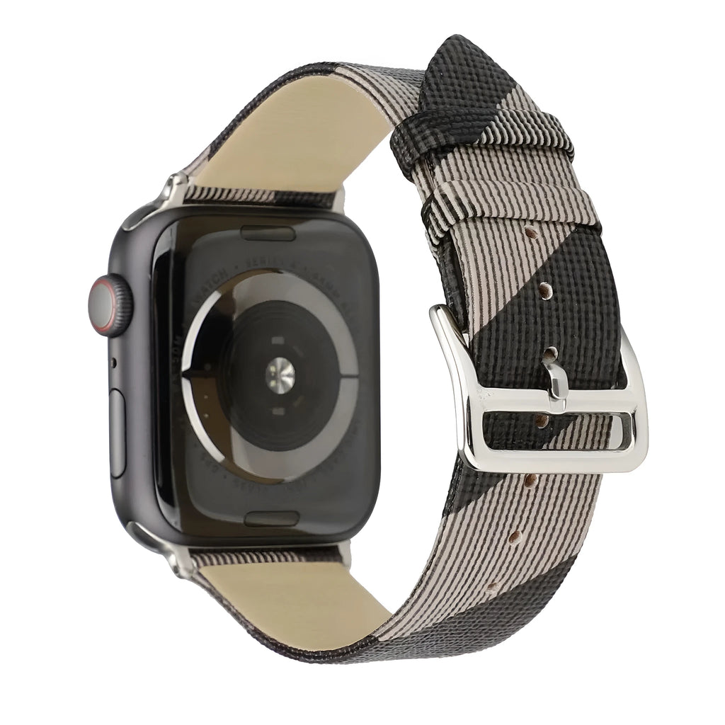 Fashion plaid grey PU watch strap for 38/40mm or 42/44mm watches on a white background