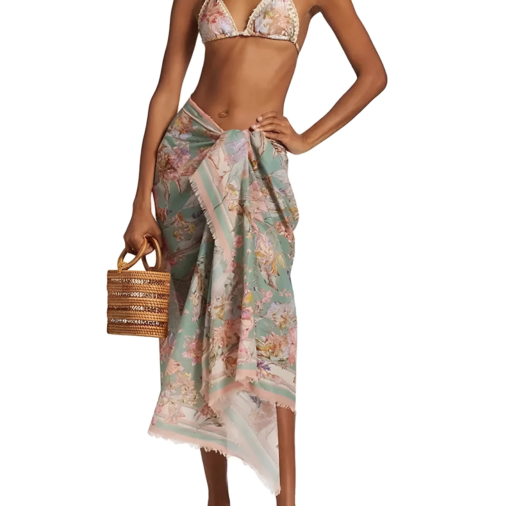 Women's creamy white floral print bikini set with top, briefs, and detachable skirt