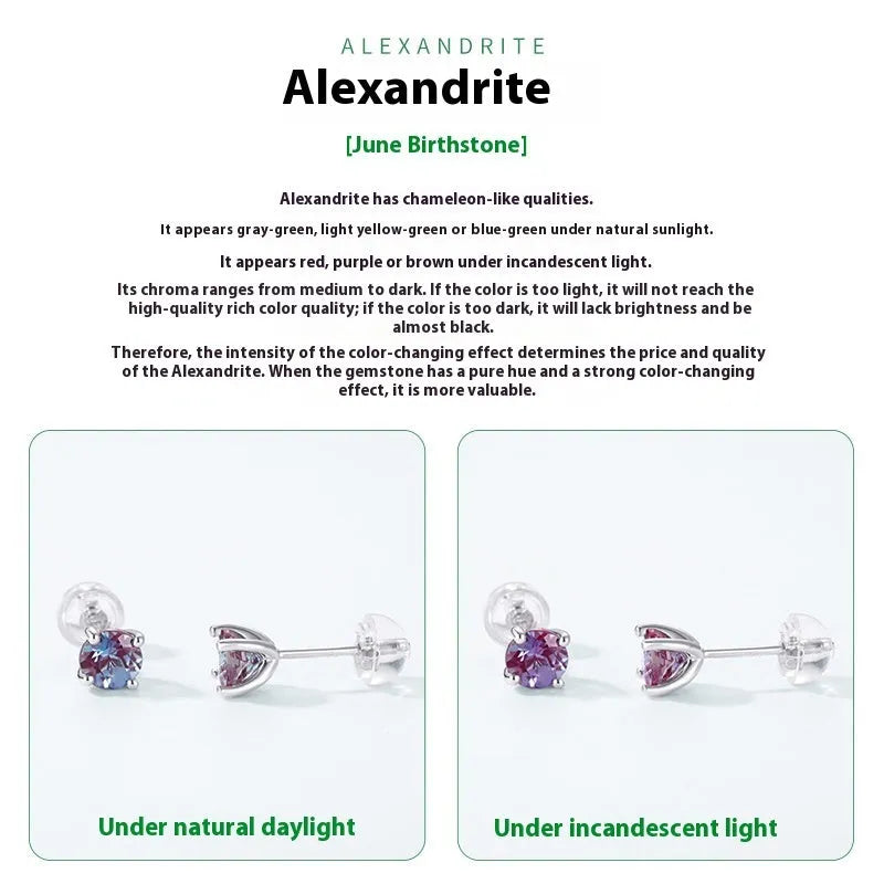 A pair of simple geometric ear studs for women in cultivated Alexandrite colour, made from 925 silver.