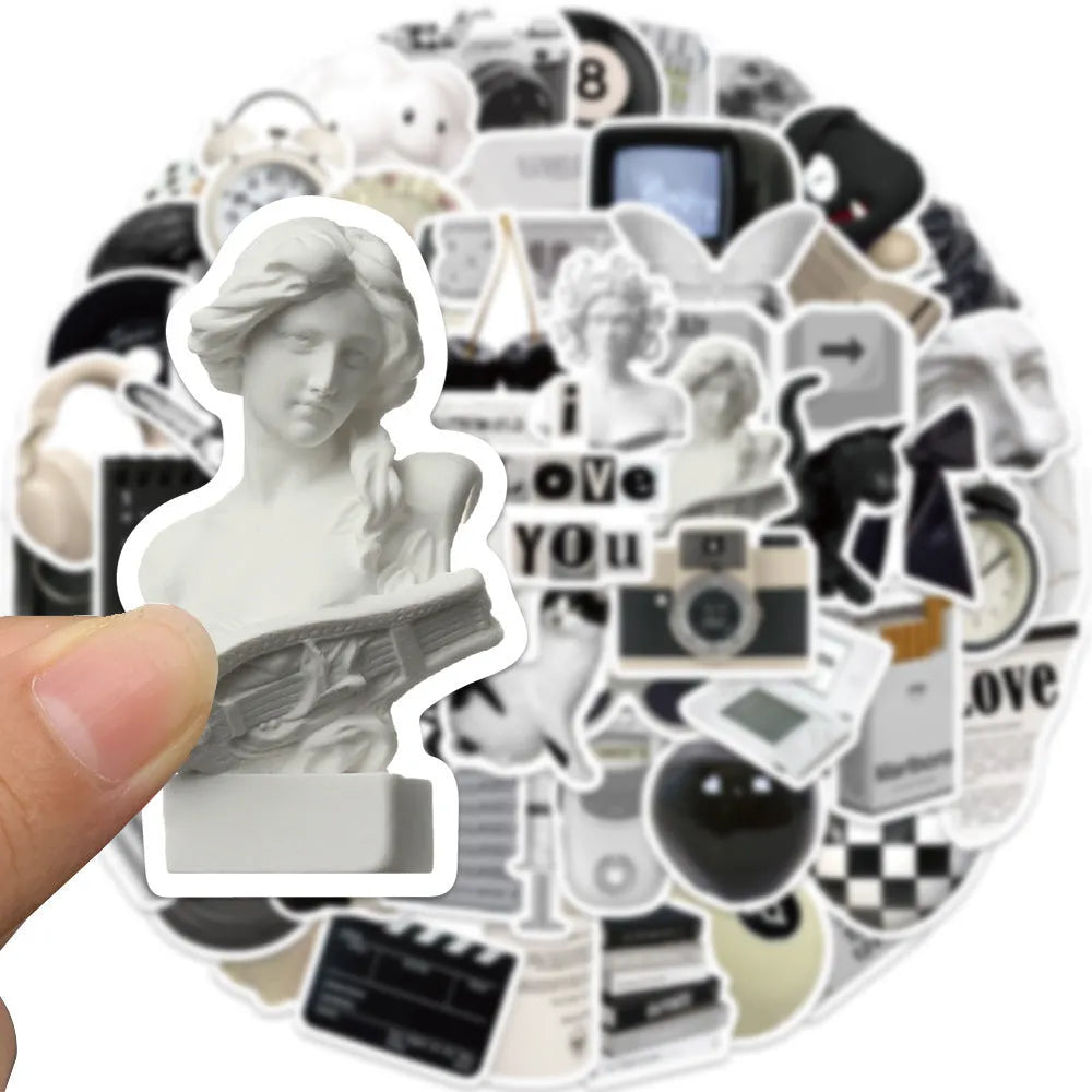 Black and white PVC vinyl sticker pack with 61 pieces for laptops and phones