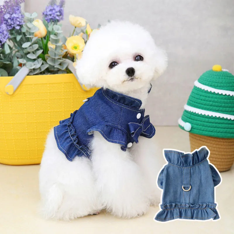 Blue denim dog dress with ruffles and a chest harness leash hook on a mannequin.