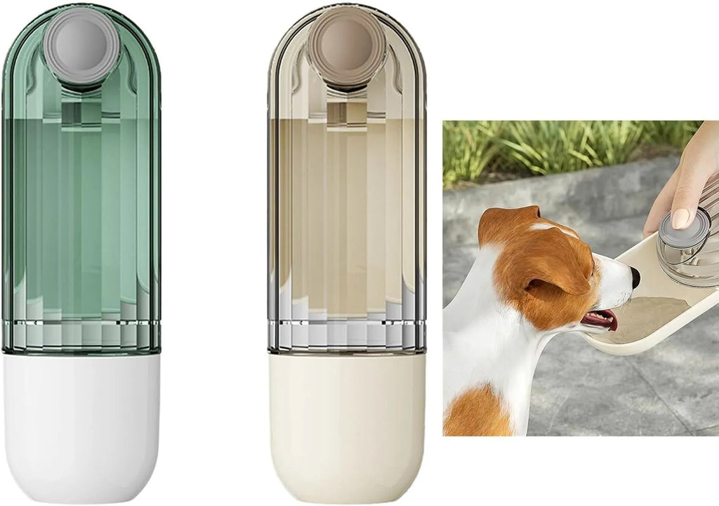 Beige and green foldable dog water bottle with food container, shown with press-to-dispense tray.