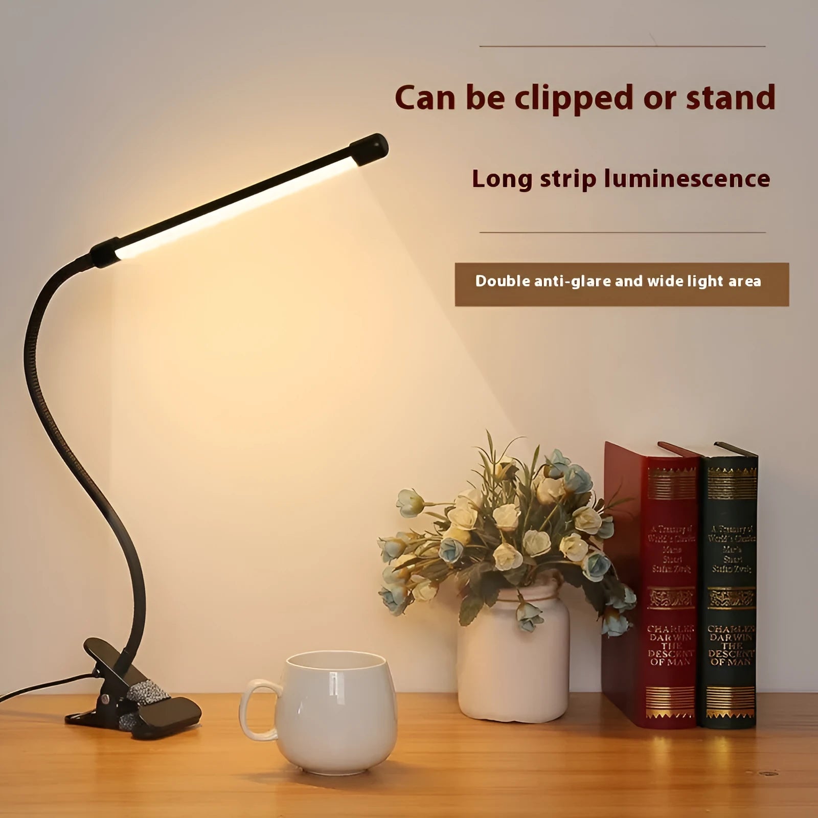 Black and white LED desk lamp with 26cm length and USB power cable