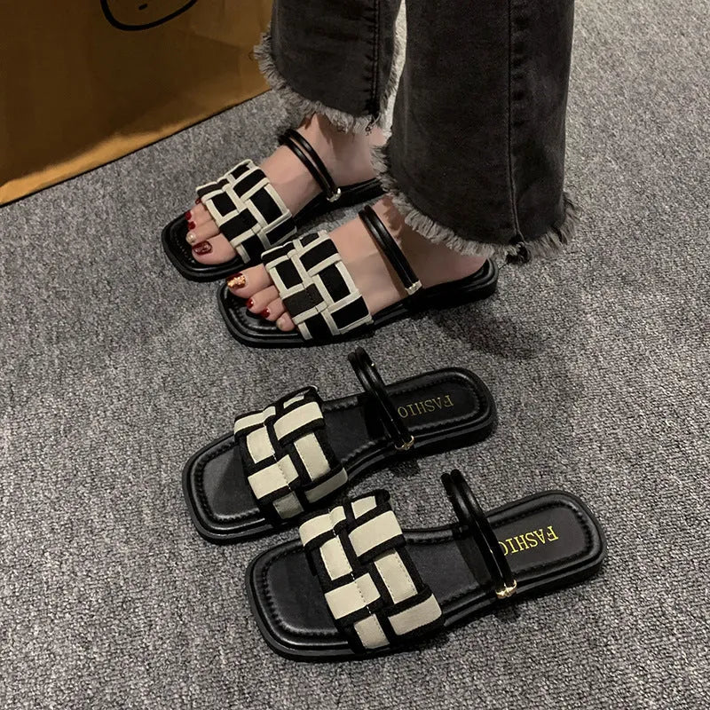Women's square toe canvas check pattern flat sandals in beige with frosted finish, rubber sole, and leather lining