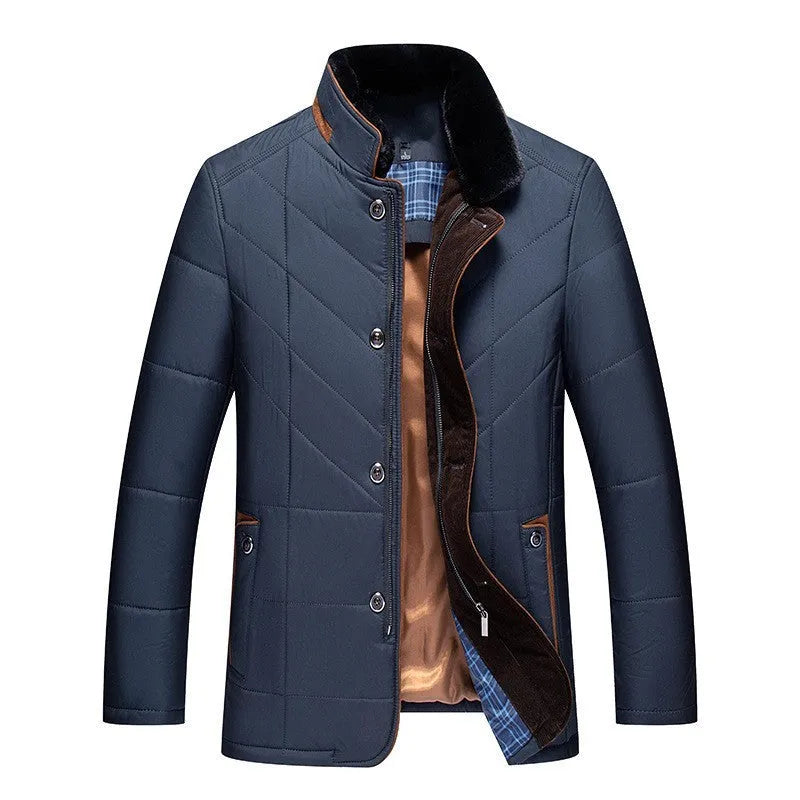 Men's solid colour winter short coat with side pockets, shown in dark blue.