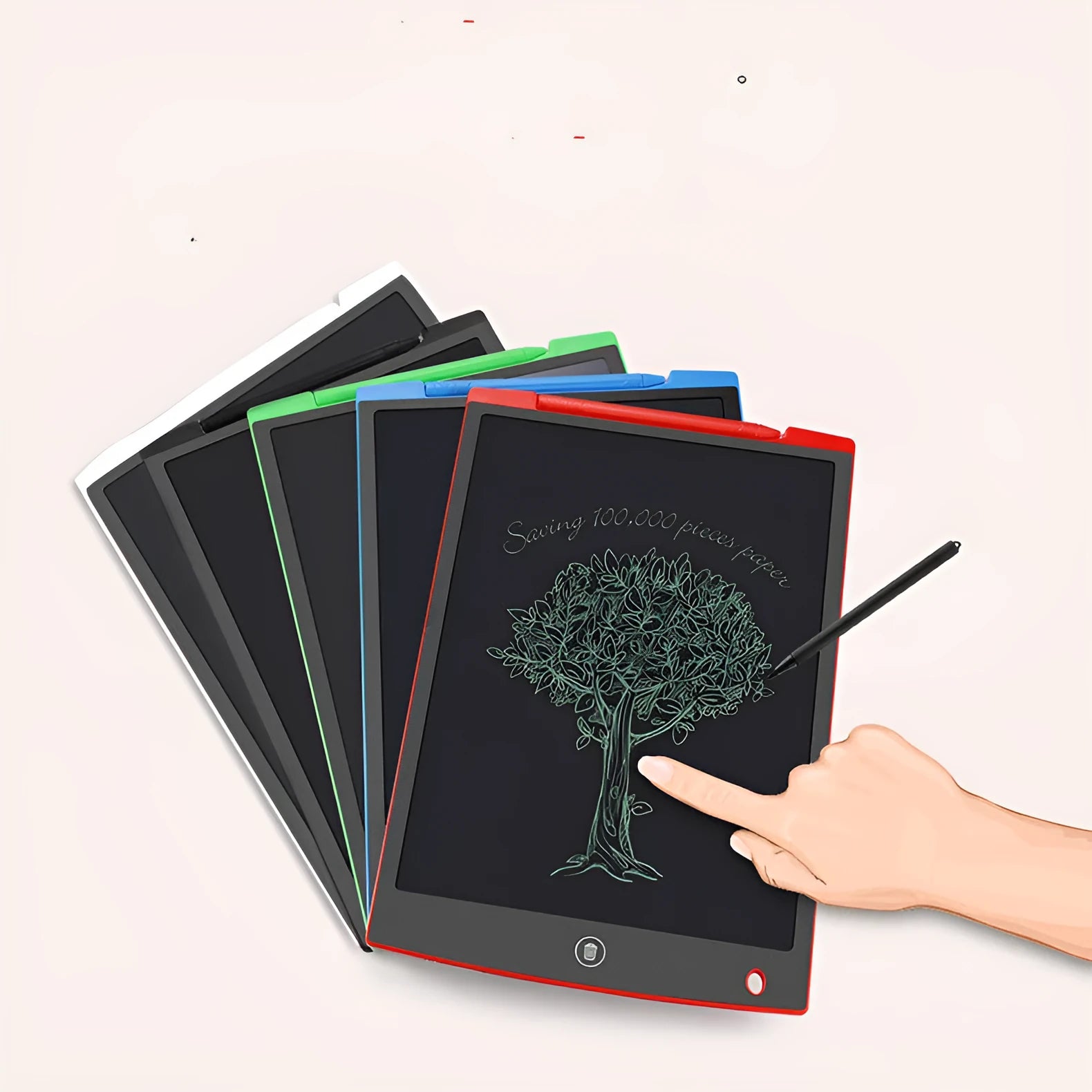 LCD electronic handwriting board for children showing 8.5 inch and 12 inch size options in black, blue, green, red.
