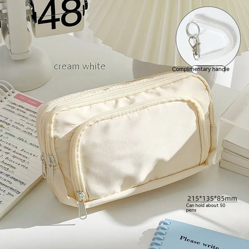 Double layer pencil case in blue, cream, green or pink with gift handle for stationery organisation