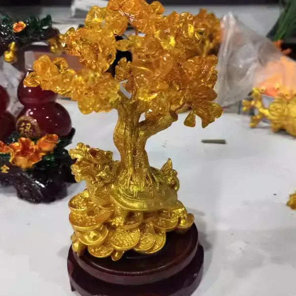 Citrine-coloured resin turtle money tree feng shui ornament measuring 23cm tall