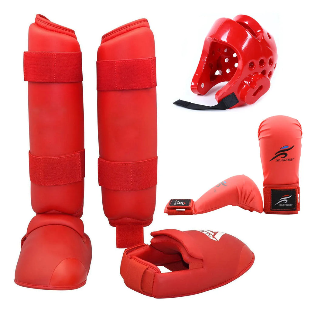 Red and blue karate protective gear set with helmet, boxing gloves, and leg guard