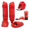 Red and blue karate protective gear set with helmet, boxing gloves, and leg guard
