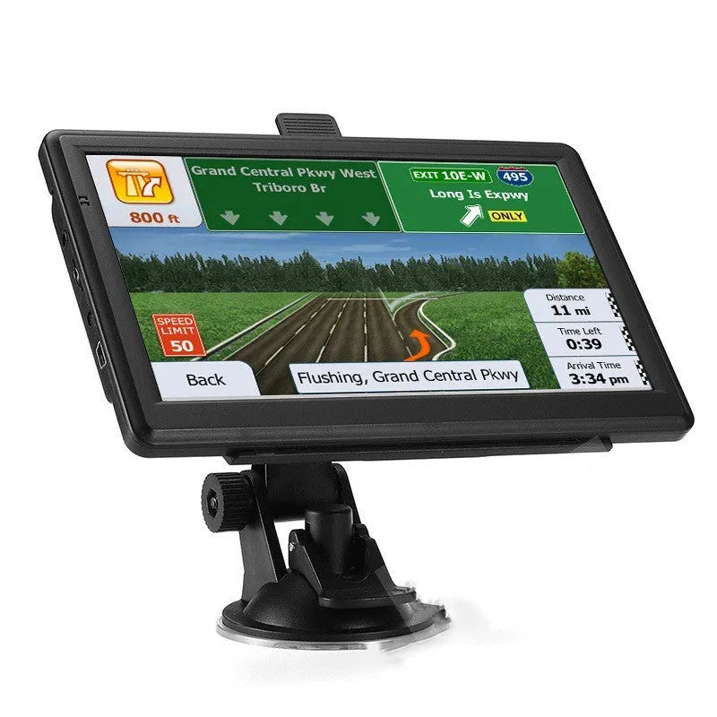 Portable 7 inch car GPS navigation device with touch screen on dashboard bracket
