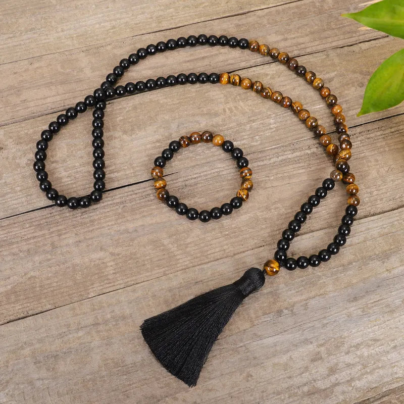 Tiger eye stone tassel sweater chain necklace with drop-shaped pendant on ball bead chain