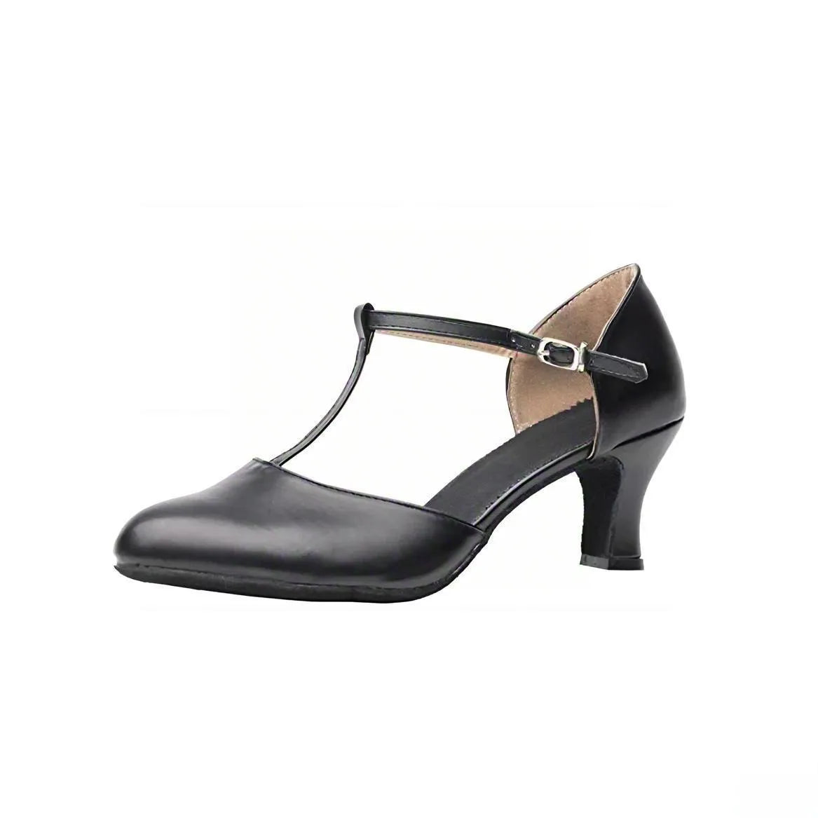 Leather Latin dance shoes for women in black T-shape soft sole design