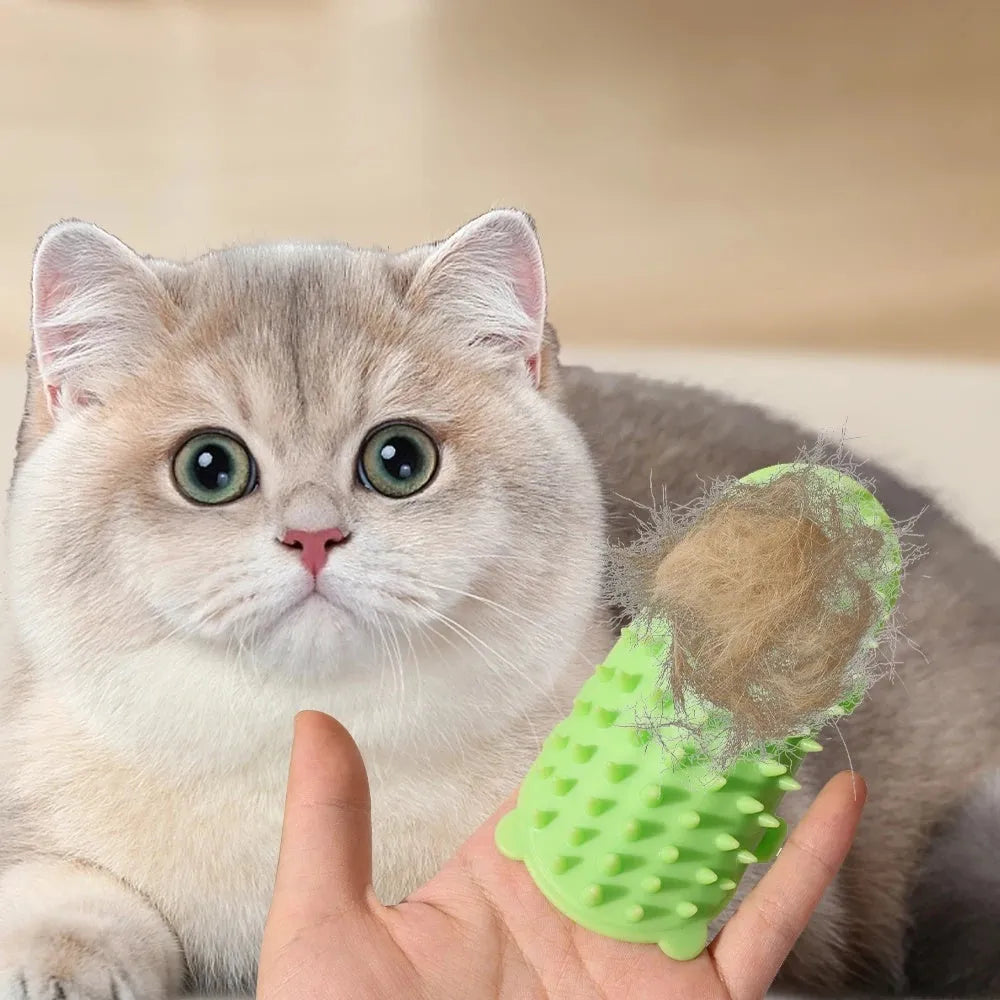 Silicone cat grooming massage comb with rounded teeth and adjustable mounting strap in assorted colours