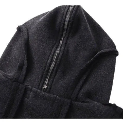Black men's loose fit cotton padded hooded coat with zip front and abstract pattern.