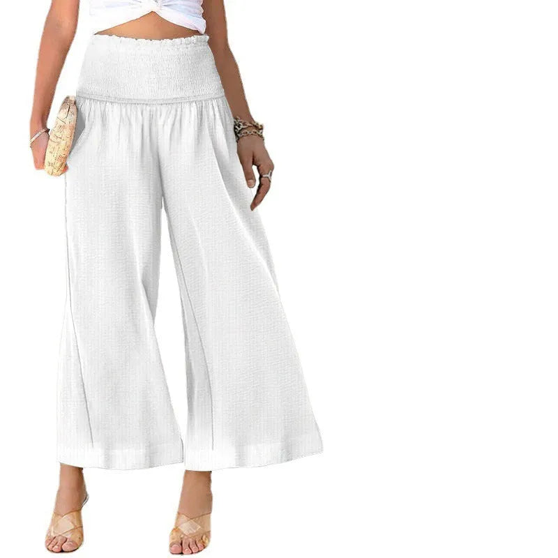 Women's high waist pleated casual trousers in cotton fabric with straight leg cropped design