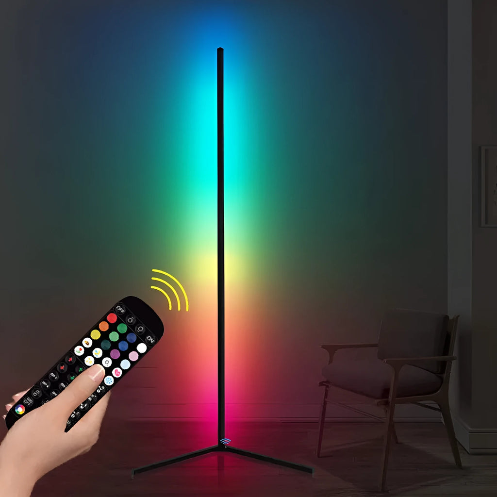 Black smart floor lamp with aluminium body and silicone shade, featuring remote-controlled RGB lighting