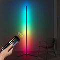 Black smart floor lamp with aluminium body and silicone shade, featuring remote-controlled RGB lighting