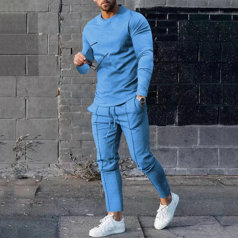 Men's light grey polyester two-piece suit with round-neck long sleeve T-shirt and trousers