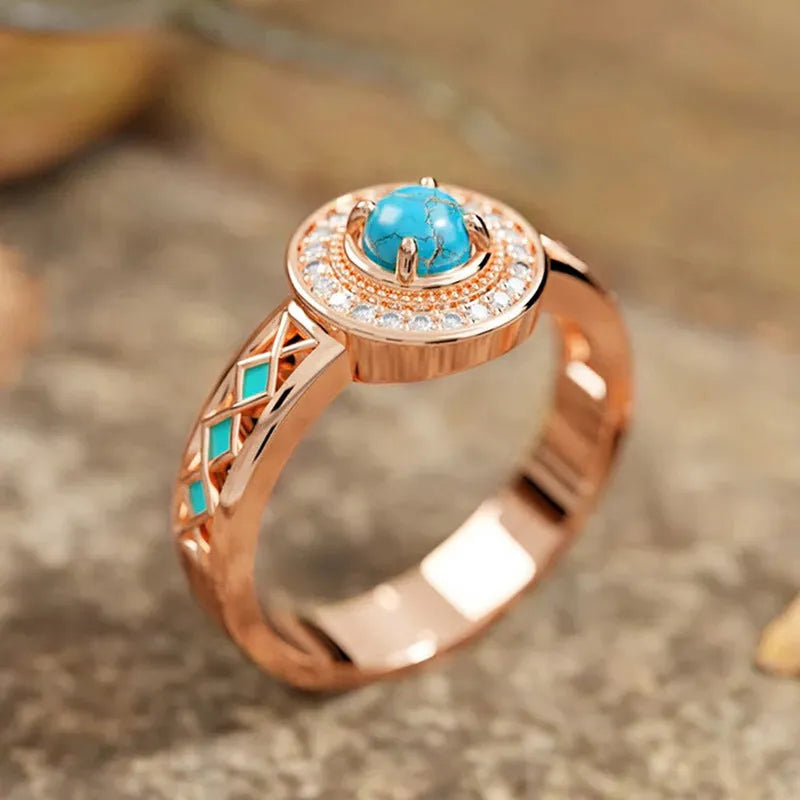 Women's turquoise ethnic geometric ring with rose gold finish and inlaid zircon details