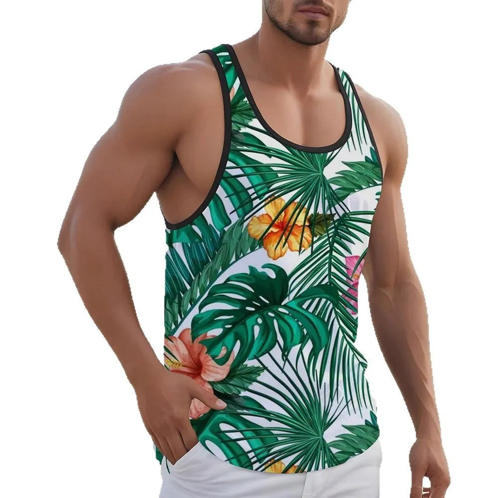 Man wearing a solid-colour 3D printed Hawaiian style sleeveless vest top