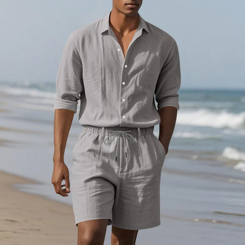 Linen casual long sleeve shirt and shorts beach set shown in one of five colour options.