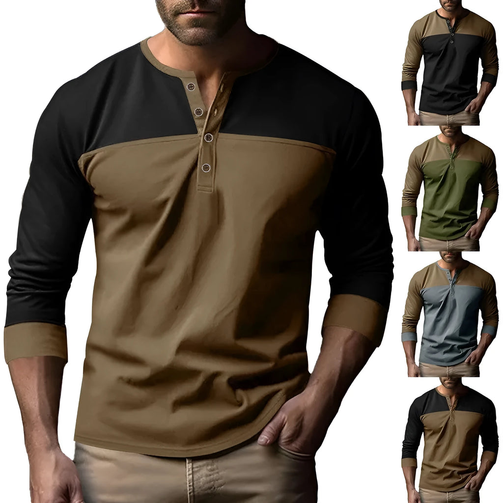 Men's long-sleeve Henry collar T-shirt in solid colour beaded twill fabric