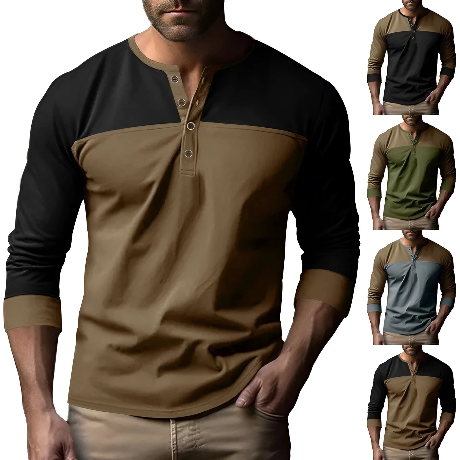Men's long-sleeve Henry collar T-shirt in solid colour beaded twill fabric