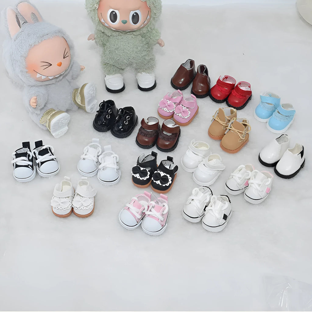 17cm doll replacement shoes with 3.5cm to 3.8cm heels in PU polyurethane material showing multiple colour options