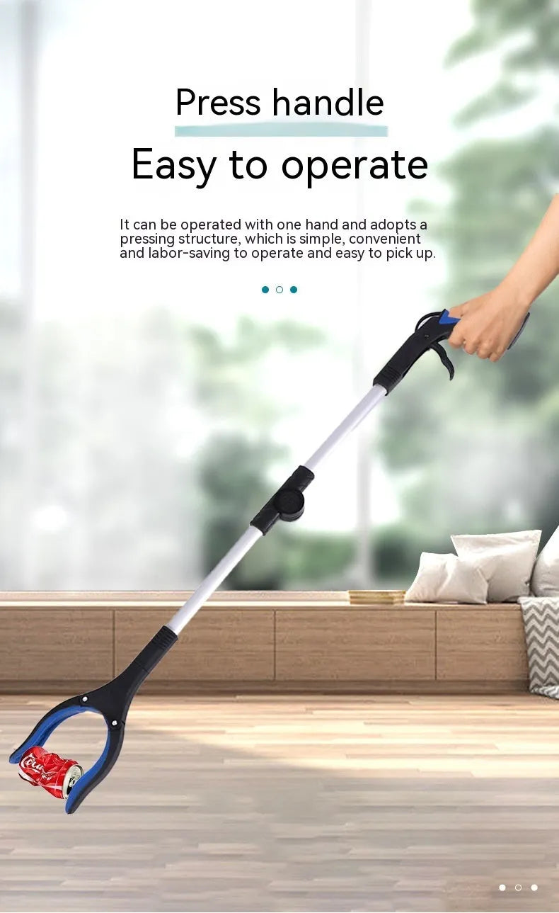 Folding silver aluminium garbage clamp with blue handle extended to 80cm length