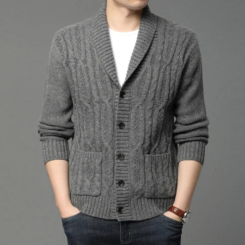 Men's Korean style jacquard patterned knitted cardigan jacket in straight cut design