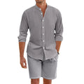 Men's dark grey hemp blend linen short sleeve shirt and drawstring shorts summer suit set