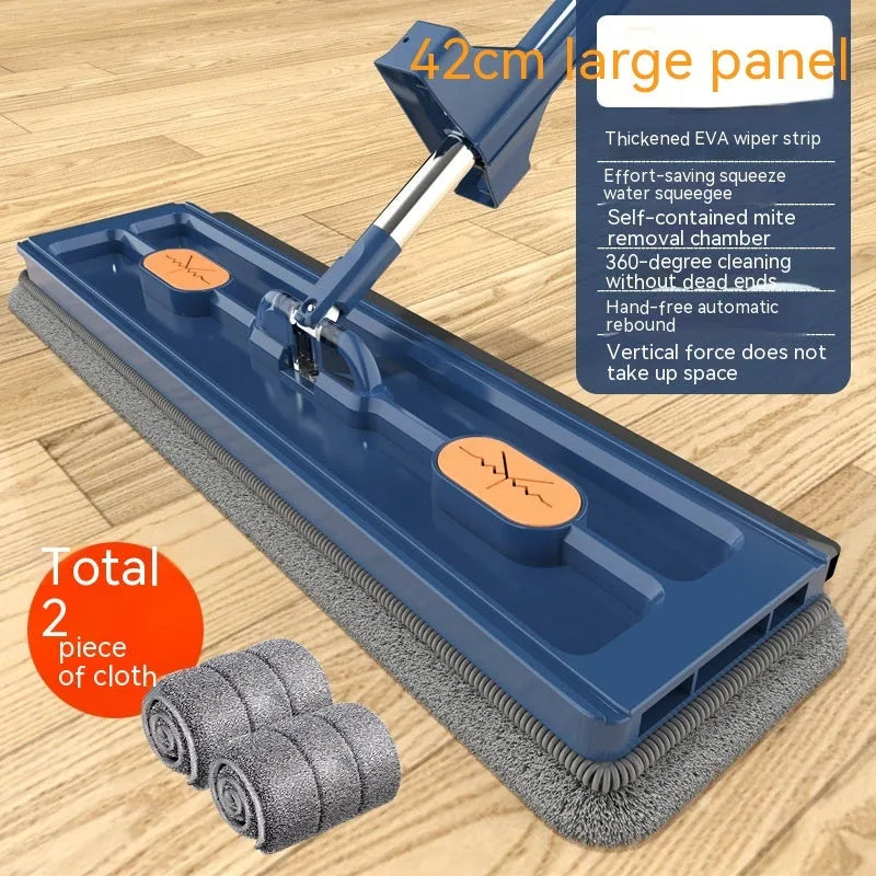 Large flat mop with blue cloth and long stainless steel handle showing 360-degree rotating head.