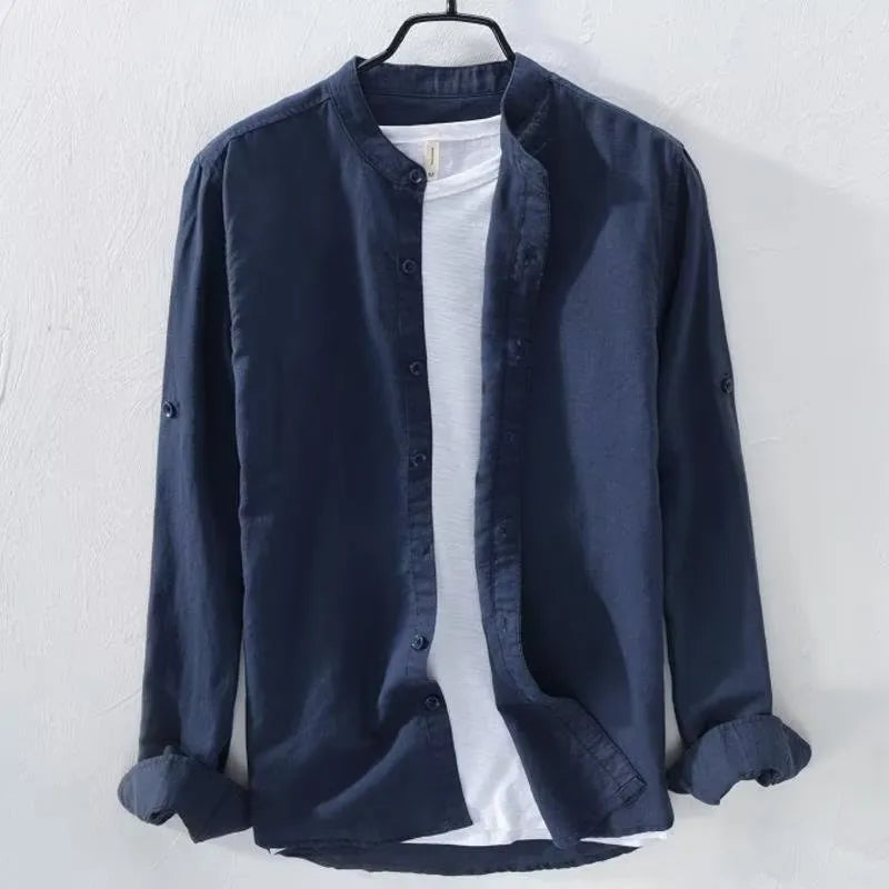 Men's loose casual long sleeve shirt in linen fabric, shown in a solid colour.