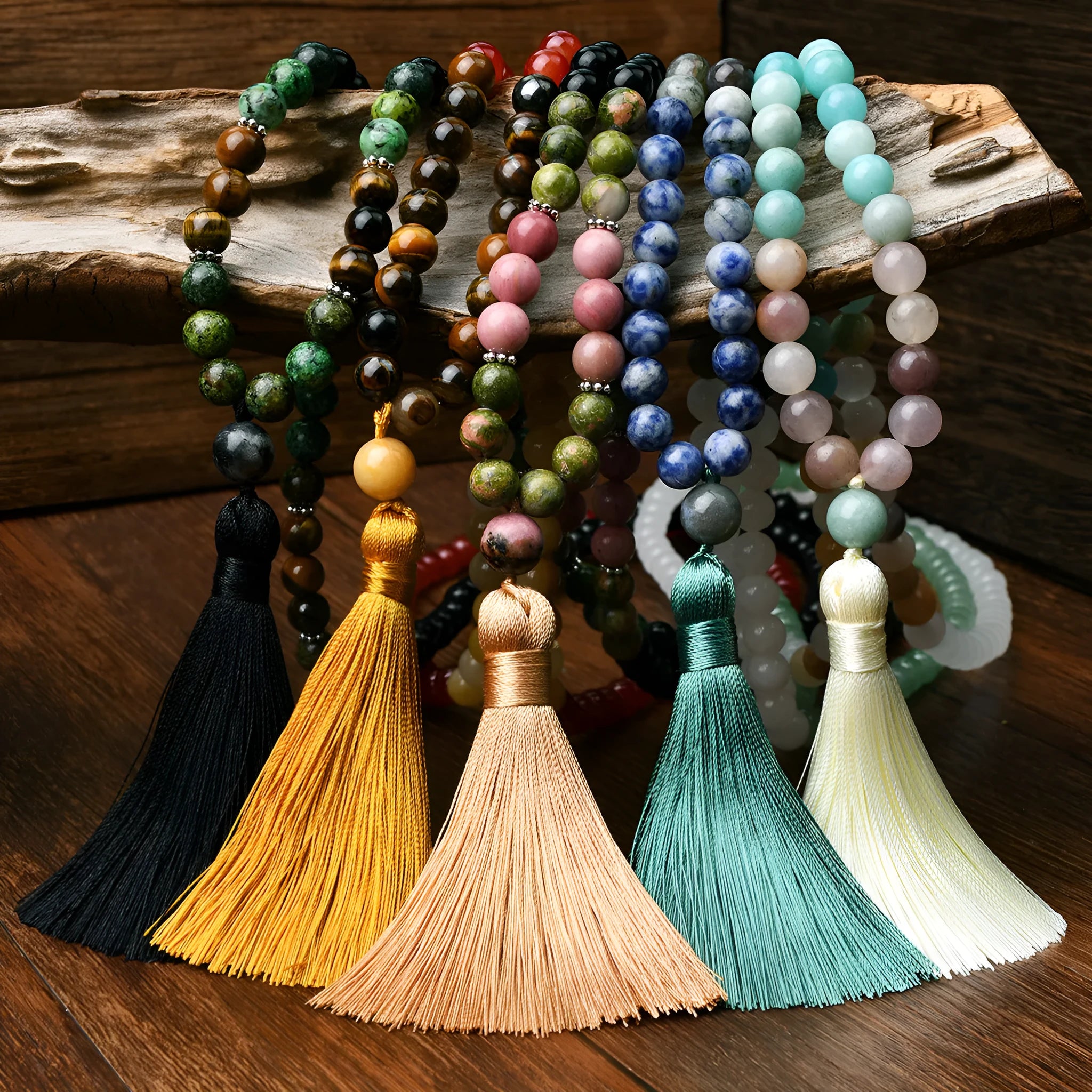 Long handmade Bohemian necklace with a natural stone tassel and mixed gem geometric pendant on an 81cm chain.