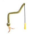 Green cat teasing stick with feather attachment on 140 cm pole for interactive feline play