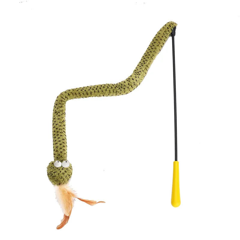 Green cat teasing stick with feather attachment on 140 cm pole for interactive feline play