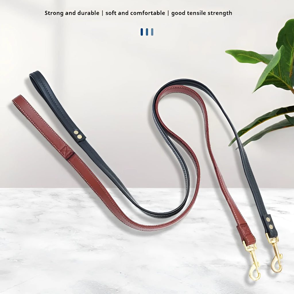 Black PU leather dog lead with metal clip shown at 2 metre length