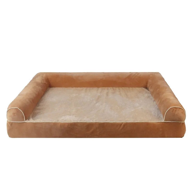 Square sponge dog bed with a breathable cloth cover, shown in blue colour.