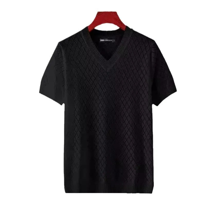 Men's black and white ice silk V-neck and round neck short sleeve t-shirts on hangers.
