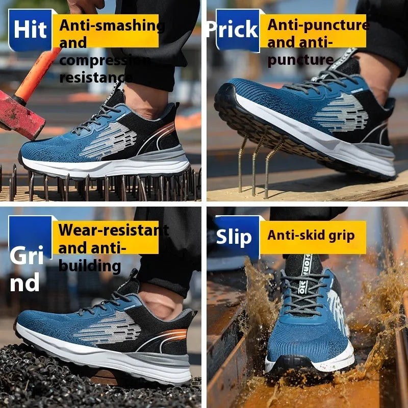 Blue men's safety work shoes with plastic toe cap and breathable mesh upper